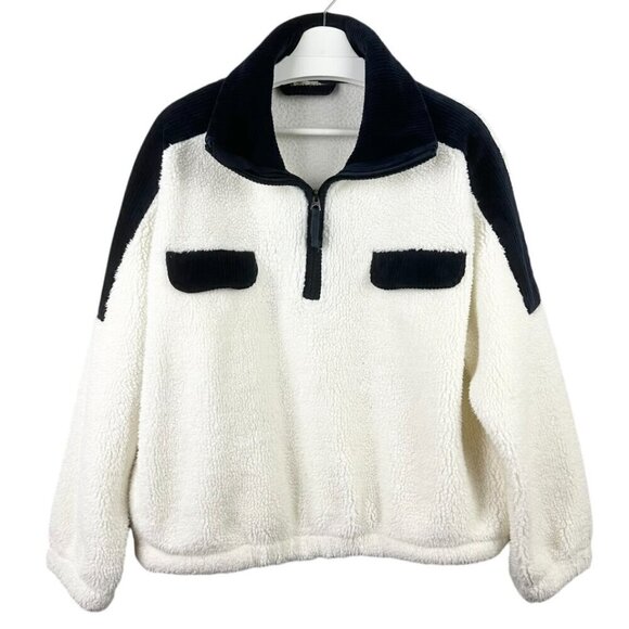 Faherty Cord Mix High Pile Fleece Popover Navy & White - Picture 2 of 12